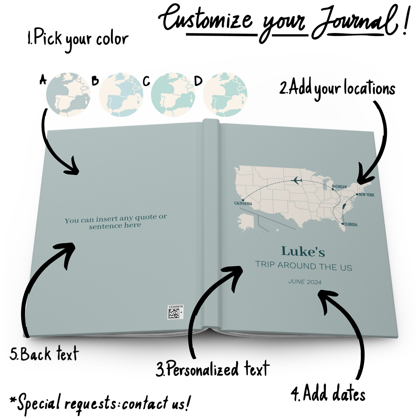 Custom Map US Personalized Travel Journal